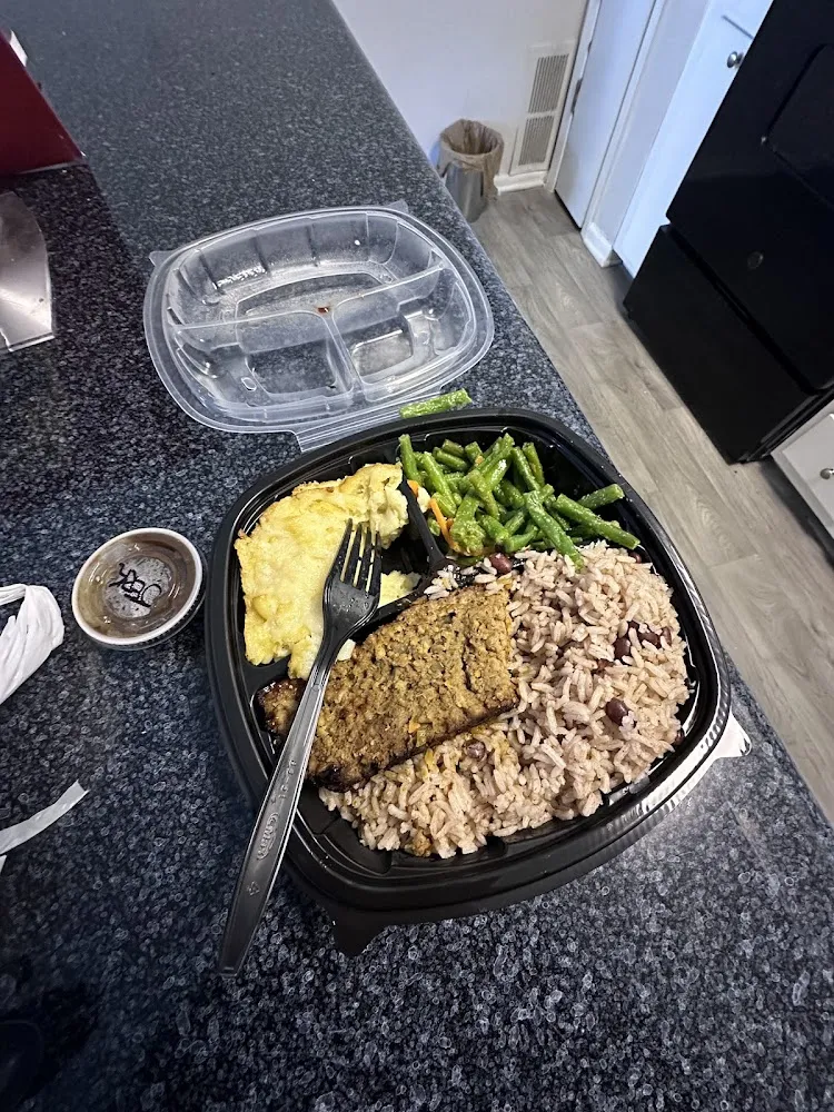 Rice & Peas with Green Beans and Mac and Cheese Vegan Impossible Meat Loaf